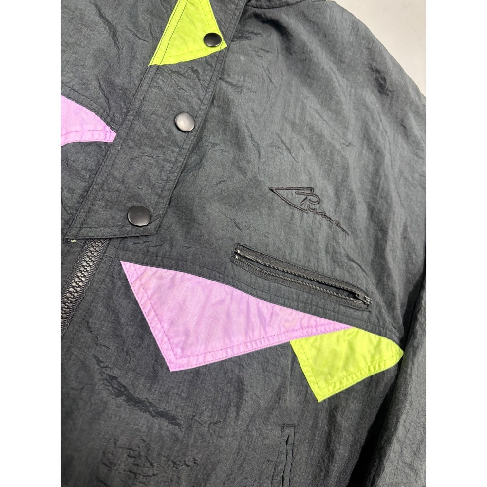 Vintage Puma Windbreaker Jacket Black Neon Green Purple‎ Geometric Women Medium - Picture 4 of 7